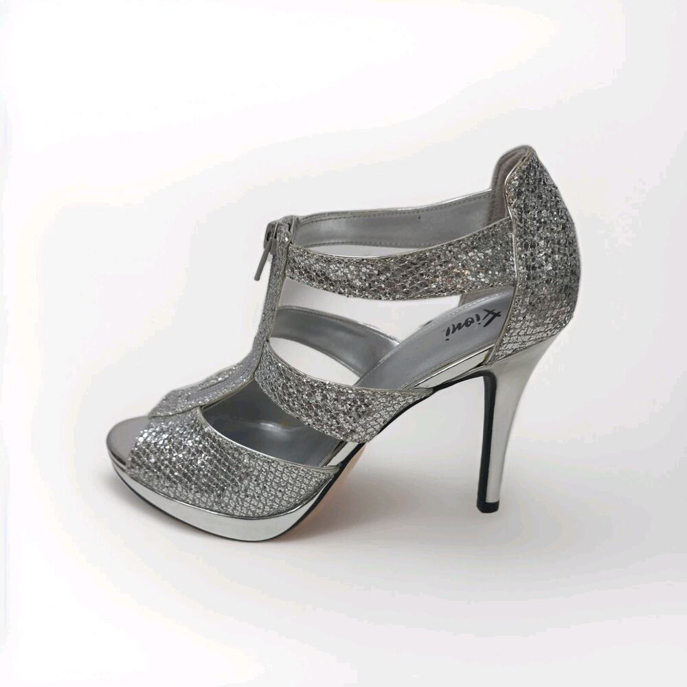 Fioni Silver Glitter Rhinestone Platform Heels Sandals Prom Wedding Size 9.5